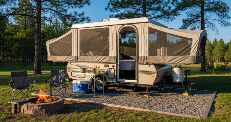 Foldable pop up camper setup at campsite with expanded sleeping area