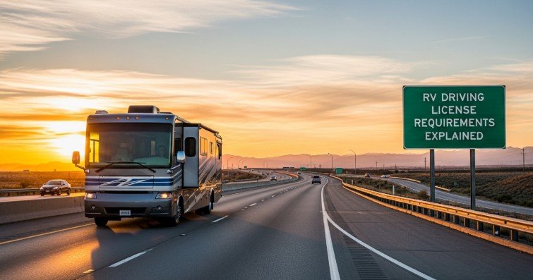 RV driving license requirements explained with motorhome on highway