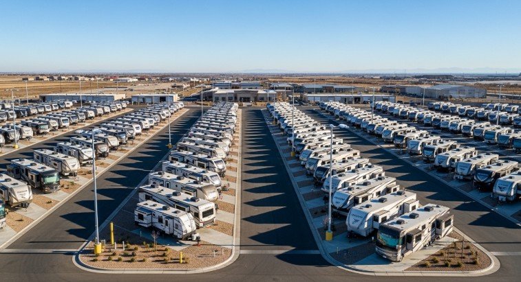 High-density RV storage design with double-loaded parking rows