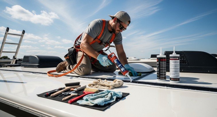 Technician performing RV roof sealing and inspection service