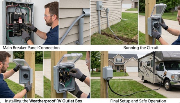 Step-by-step installation of RV electrical outlet showing wiring, breaker panel connection, and weatherproof outdoor RV power setup for safe use at home.
