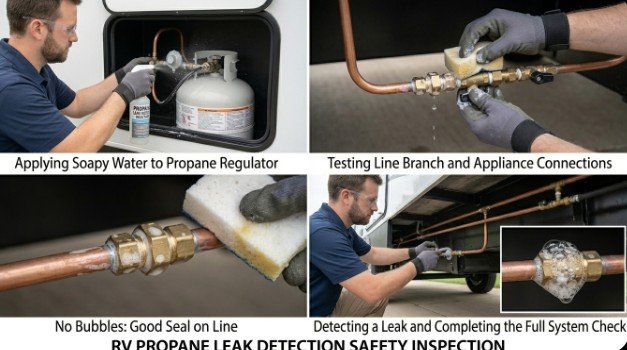 RV propane leak detection using soapy water test on gas lines for safety inspection