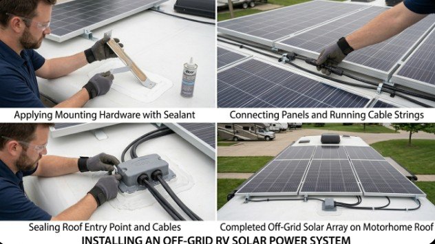 RV solar panel installation on roof showing mounting brackets, wiring, and sealed panels for off-grid camping power system setup on motorhome roof.