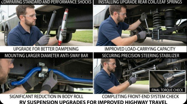 RV suspension upgrades installation showing shocks, springs, and stabilizers improving ride stability and comfort on highway travel